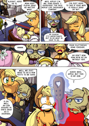 Size: 1204x1700 | Tagged: safe, artist:tarkron, imported from derpibooru, applejack, fluttershy, oc, oc:fund guard, earth pony, pegasus, pony, unicorn, comic:what happens in las pegasus, comic, female, glowing, glowing horn, horn, imminent spanking, insurance fraud, levitation, liarjack, magic, mare, old, paddle, playing dead, scared, telekinesis, this will not end well