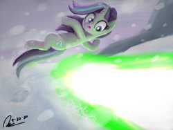 Size: 1600x1200 | Tagged: safe, artist:raphaeldavid, imported from derpibooru, starlight glimmer, pony, unicorn, the ending of the end, blast, dodge, female, fight, implied queen chrysalis, magic, magic beam, magic blast, offscreen character, open mouth, snow, solo