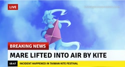 Size: 719x387 | Tagged: safe, artist:jellynut, edit, imported from derpibooru, trixie, pony, unicorn, accident, break your own news, breaking news, cloud, eyes closed, female, grass, kite, kite flying, lying down, mare, on back, sky, taiwan, this will end in tears