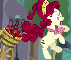 Size: 1318x1125 | Tagged: safe, imported from derpibooru, screencap, cherry jubilee, earth pony, pony, party pooped, cherry, cropped, female, food, mare, surprised