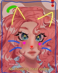 Size: 777x971 | Tagged: safe, artist:imxxnn_, imported from derpibooru, pinkie pie, human, bust, cat filter, clothes, female, freckles, human coloration, humanized, lipgloss, portrait, selfie, shirt, snapchat filter, social media, solo, sparkly eyes, subtitles, wingding eyes