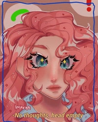 Size: 776x971 | Tagged: safe, alternate version, artist:imxxnn_, imported from derpibooru, pinkie pie, human, bust, clothes, female, freckles, human coloration, humanized, lipgloss, portrait, selfie, shirt, social media, solo, sparkly eyes, subtitles, wingding eyes