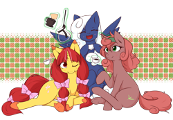 Size: 1397x965 | Tagged: safe, artist:dieva4130, imported from derpibooru, oc, oc only, oc:kittle muddler, oc:orange pekoe, oc:vapor trail, pegasus, pony, unicorn, coffee, coffee mug, coffee pot, eyes closed, female, magic, mare, mug, one eye closed, simple background, telekinesis, transparent background, trio