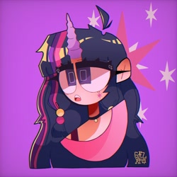 Size: 1080x1080 | Tagged: safe, artist:x_.sazxto._x, imported from derpibooru, twilight sparkle, human, bust, choker, clothes, cutie mark, cutie mark background, cutie mark on cheek, cutie mark on human, female, horn, horned humanization, humanized, jewelry, necklace, portrait, shirt, solo