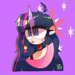 Size: 1080x1080 | Tagged: safe, alternate version, artist:x_.sazxto._x, imported from derpibooru, twilight sparkle, human, bust, choker, clothes, cutie mark, cutie mark background, cutie mark on cheek, cutie mark on human, female, horn, horned humanization, humanized, jewelry, necklace, portrait, shirt, solo