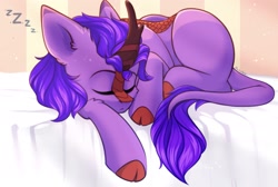 Size: 2469x1664 | Tagged: safe, artist:alphadesu, imported from derpibooru, oc, oc only, oc:molly jasmine, kirin, bed, cute, eyes closed, female, kirinbetes, ocbetes, onomatopoeia, sleeping, solo, sound effects, zzz