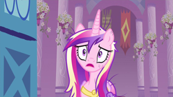 Size: 1280x720 | Tagged: safe, imported from derpibooru, screencap, princess cadance, alicorn, pony, a canterlot wedding, canterlot castle, female, messy mane, scratches, shocked, solo