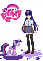 Size: 1240x1748 | Tagged: safe, artist:月櫻, imported from derpibooru, twilight sparkle, human, pony, unicorn, anime, anime style, blouse, book, bookmark, brooch, clothes, cute, cutie mark accessory, female, horn, horned humanization, human ponidox, humanized, loafers, moe, my little pony logo, pixiv, pleated skirt, preppy, schoolgirl, self ponidox, shoes, skirt, socks, solo, stockings, thigh highs, unicorn twilight, watch, zettai ryouiki