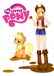 Size: 1240x1748 | Tagged: safe, artist:月櫻, imported from derpibooru, applejack, earth pony, human, pony, anime, anime style, apple, applejack's hat, armband, belt, blonde hair, blonde mane, blonde tail, boots, brooch, clothes, cowboy boots, cowboy hat, cute, cutie mark accessory, denim shorts, female, food, green eyes, hand on hip, hat, human ponidox, humanized, jackabetes, moe, my little pony logo, neckerchief, one eye closed, pixiv, self ponidox, shirt, shoes, shorts, solo, tomboy, vest, wink