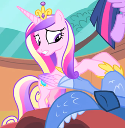 Size: 1216x1243 | Tagged: safe, imported from derpibooru, screencap, discord, princess cadance, twilight sparkle, alicorn, pony, three's a crowd, bed, crown, female, folded wings, golden oaks library, hoof shoes, jewelry, mare, massage, regalia, solo focus, twilight sparkle (alicorn), wings