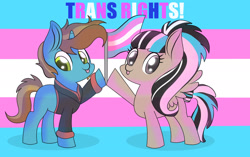 Size: 2223x1400 | Tagged: safe, artist:pizza lord, imported from derpibooru, oc, oc only, oc:drizzle dots, oc:zozer, pegasus, pony, unicorn, :p, duo, hoof hold, looking at you, pride, pride flag, tongue out, trans rights, transgender, transgender pride flag