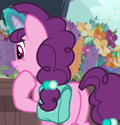 Size: 568x593 | Tagged: safe, imported from derpibooru, screencap, sugar belle, pony, the big mac question, bag, butt, cropped, female, flower, flower shop, plot, saddle bag, solo