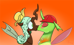 Size: 1500x910 | Tagged: safe, artist:chopsticks, imported from derpibooru, oc, oc only, oc:berzie, oc:physalis, changedling, changeling, changeling queen, food pony, original species, pony, blushing, chocolate, female, food, forced kiss, kissing, male, oc x oc, ponified, shipping, simple background, spread wings, style emulation, surprise kiss, wingboner, wings