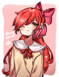 Size: 902x1175 | Tagged: safe, artist:kmprsyaa, imported from derpibooru, apple bloom, human, blushing, cute, female, humanized, one eye closed, ribbon, solo