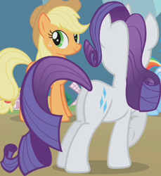 Size: 313x342 | Tagged: safe, imported from derpibooru, screencap, applejack, rainbow dash, rarity, earth pony, unicorn, swarm of the century, butt, cropped, female, mare, plot, raised hoof, rearity