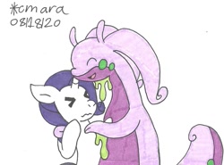 Size: 1097x811 | Tagged: safe, artist:cmara, imported from derpibooru, rarity, goodra, pony, unicorn, bipedal, crossover, cute, eyes closed, female, hug, mare, open mouth, pokémon, simple background, traditional art, uncomfortable, white background