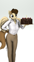 Size: 1080x1920 | Tagged: safe, artist:spinostud, imported from derpibooru, oc, oc only, oc:coffe, anthro, pegasus, 3d, black forest cake, cake, clothes, food, looking at you, pants, portal (valve), shirt, simple background, solo, source filmmaker, the cake is a lie, white background