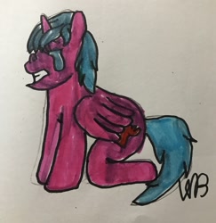 Size: 1242x1280 | Tagged: safe, artist:whistle blossom, imported from derpibooru, cozy glow, alicorn, pony, anatomically incorrect, cozybetes, crying, cute, eyes closed, female, filly, foal, incorrect leg anatomy, marker drawing, sad, simple background, sitting, solo, traditional art, whistleverse, white background