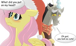 Size: 1024x619 | Tagged: safe, artist:pizza lord, imported from derpibooru, discord, fluttershy, blushing, christmas, cute, dialogue, discoshy, female, funny, hat, holiday, male, redraw, santa hat, shipping, straight