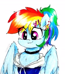 Size: 2031x2312 | Tagged: safe, artist:liaaqila, imported from derpibooru, rainbow dash, pegasus, pony, alternate hairstyle, chest fluff, choker, chokerdash, clothes, crying, cute, dashabetes, ear fluff, ear piercing, earring, female, hoodie, jewelry, mare, piercing, simple background, solo, tears of joy, traditional art, white background