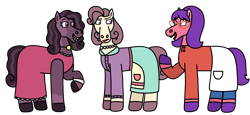 Size: 2048x944 | Tagged: safe, artist:kindheart525, imported from derpibooru, oc, oc:honey bee, oc:hors d'ouerves, oc:raspberry sorbet, earth pony, auraverse, american dad, beatrice horseman, bob's burgers, bojack horseman, clothes, cosplay, costume, dress, francine smith, glasses, jewelry, linda belcher, necklace, simple background, transparent background