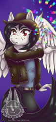 Size: 461x1000 | Tagged: safe, artist:jbcblanks, imported from derpibooru, anthro, pegasus, pony, black hair, clothes, cowboy hat, hat, jacket, leather jacket, white