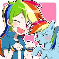 Size: 680x680 | Tagged: safe, artist:ryuu, color edit, edit, editor:michaelsety, imported from derpibooru, rainbow dash, human, pegasus, pony, equestria girls, anime, blushing, clothes, colored, cute, dashabetes, female, human coloration, human ponidox, jacket, light skin, light skin edit, looking at you, mare, one eye closed, open mouth, self ponidox, simple background, skin color edit, wink, wristband