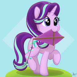 Size: 2048x2048 | Tagged: safe, artist:whitequartztheartist, imported from derpibooru, starlight glimmer, pony, unicorn, cute, female, glimmerbetes, kite, mare, mouth hold, purple mane, solo, that pony sure does love kites