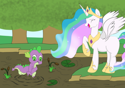 Size: 2400x1700 | Tagged: safe, artist:amateur-draw, imported from derpibooru, princess celestia, spike, alicorn, pony, bog, female, froggy bottom bog, laughing, mare, messy, missing cutie mark, mud, muddy, raised hoof, request, requested art, simple background, spikeabuse, stuck, swamp