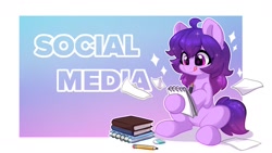Size: 1174x660 | Tagged: safe, artist:colorfulcolor233, artist:oofycolorful, imported from derpibooru, oc, oc only, oc:share dast, earth pony, pony, book, eraser, notebook, pencil, solo, tongue out