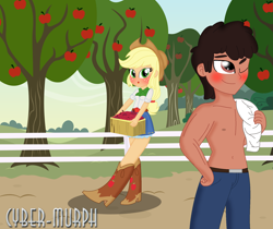 Size: 5777x4853 | Tagged: safe, artist:cyber-murph, imported from derpibooru, applejack, oc, oc:omega, human, equestria girls, apple, apple tree, belly button, belt, blushing, boots, canon x oc, carrying, clothes, commission, cowboy hat, food, hat, jeans, male, male nipples, nipples, pants, partial nudity, ponytail, shoes, signature, skirt, sweet apple acres, topless, tree