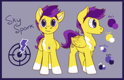 Size: 1280x824 | Tagged: safe, artist:rosafi, imported from derpibooru, oc, oc only, oc:skyspark, pegasus, pony, lightning, pegasus oc, reference sheet, solo, wings
