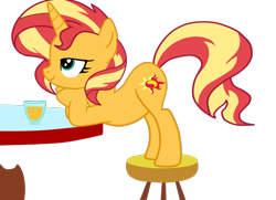 Size: 1345x972 | Tagged: safe, artist:gmaplay, imported from derpibooru, sunset shimmer, pony, unicorn, ass, ass up, bunset shimmer, butt, chair, female, juice, lemonade, plot, romantic, simple background, solo, table, transparent background