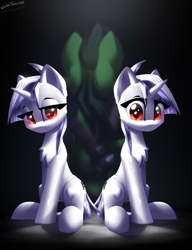 Size: 2300x3000 | Tagged: safe, artist:shido-tara, imported from derpibooru, oc, oc:gem zodiac, oc:mini zodiac, oc:taurus zodiac, unicorn, fallout equestria, fallout equestria: project horizons, albino, fanfic art, looking at you, simple background, sitting, twins