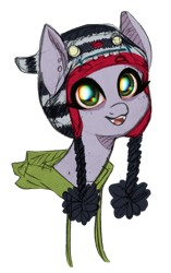 Size: 535x850 | Tagged: safe, artist:hippykat13, artist:sabokat, imported from derpibooru, oc, oc only, oc:kitty sweet, pony, bags under eyes, chromatic aberration, chullo, clothes, colored, cute, cute little fangs, digital art, ear piercing, earring, fangs, freckles, happy, hat, hoodie, jewelry, looking at you, piercing, scar, simple background, solo, traditional art, transparent background