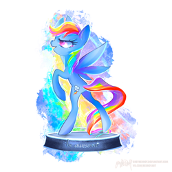 Size: 1200x1200 | Tagged: safe, artist:greyredroy, imported from derpibooru, part of a set, rainbow dash, pegasus, pony, fallout equestria, abstract background, bipedal, fanfic art, female, figurine, mare, ministry mares, ministry mares statuette, open mouth, profile, raised hoof, reaching, solo, spread wings, standing, statuette, wings
