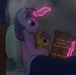 Size: 2429x2401 | Tagged: safe, artist:snow quill, imported from derpibooru, scootaloo, twilight sparkle, pony, unicorn, fanfic:twilight and skaterloo: mother and son, bed, book, commission, cover art, magic, night, reading, rule 63, skaterloo, story in the source, unicorn twilight