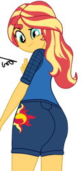 Size: 540x1129 | Tagged: safe, artist:gmaplay, imported from derpibooru, sunset shimmer, equestria girls, spoiler:comic, spoiler:comicequestriagirlsmarchradness, ass, behind, bunset shimmer, butt, buttocks outline, clothes, female, long hair, looking back, multicolored hair, shirt, shorts, simple background, solo, sports shorts, sporty style, t-shirt, transparent background, yellow skin