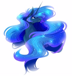 Size: 3253x3424 | Tagged: safe, artist:16tharia, imported from derpibooru, princess luna, pony, bust, ear fluff, ethereal mane, female, high res, mare, portrait, profile, simple background, solo, starry mane, white background