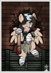 Size: 2097x3000 | Tagged: safe, artist:devorierdeos, imported from derpibooru, oc, oc:keetch, pegasus, pony, fallout equestria, baseball bat, box of weapons, brick wall, raider, raider armor, shadow