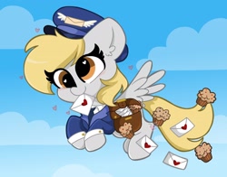 Size: 2048x1606 | Tagged: safe, artist:kittyrosie, imported from derpibooru, derpy hooves, pony, my little pony: pony life, unboxing day, spoiler:pony life s01e30, cloud, cute, derpabetes, ear fluff, female, flying, food, g4.5, heart, letter, mailmare, mouth hold, muffin, sky, solo, spread wings, wings