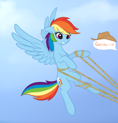 Size: 1150x1196 | Tagged: safe, artist:xuczio, imported from derpibooru, applejack, rainbow dash, pegasus, pony, appledash, dialogue, female, gotcha, hat, lasso, lesbian, rope, shipping, simple background, vector