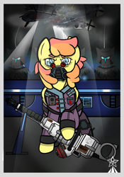 Size: 2097x3000 | Tagged: safe, artist:devorierdeos, imported from derpibooru, oc, oc:roumi, pegasus, pony, fallout equestria, box of weapons, enclave, enclave armor, enclave officer, enclave raptor, energy weapon, female, glasses, grand pegasus enclave, heavy weapon, mare, millitary uniform, respirator, weapon