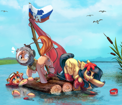 Size: 1207x1034 | Tagged: safe, artist:amishy, artist:ariamidnighters, artist:rexyseven, imported from derpibooru, oc, oc only, oc:lily waterdrop, oc:rusty gears, bird, earth pony, pegasus, pony, seagull, boots, cattails, clinging, collaboration, diving helmet, female, flag, floating, mare, raft, reaching, reeds, shoes, snorkel, stretching, tangled up, underhoof