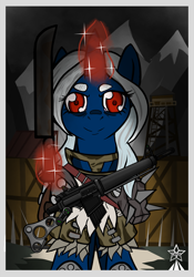 Size: 2097x3000 | Tagged: safe, artist:devorierdeos, imported from derpibooru, oc, oc:aliot twinkle, pony, unicorn, fallout equestria, ambush, assault rifle, female, glowing horn, gun, horn, looking at you, mare, mountain, raider, raider armor, rifle, robbery, snow, village, wasteland, weapon