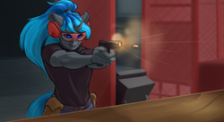 Size: 3326x1811 | Tagged: safe, artist:kittytitikitty, imported from derpibooru, oc, oc:kryostasis, anthro, commission, commission open, gun, ponytail, shooting range, weapon
