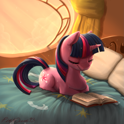 Size: 1251x1251 | Tagged: safe, artist:pinkocean93, imported from derpibooru, twilight sparkle, pony, unicorn, bed, book, chest fluff, crepuscular rays, cute, cutie mark, evening, eyes closed, female, golden oaks library, library, mare, pillow, ponyloaf, sleeping, solo, study, sunlight, twiabetes, unicorn twilight, window