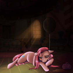 Size: 2500x2500 | Tagged: safe, artist:nyanpiyaa, imported from derpibooru, pinkie pie, earth pony, pony, balloon, cider, female, floppy ears, hangover, lying down, mare, morning ponies, pinkamena diane pie, pinkie's bedroom, sad, solo, tired