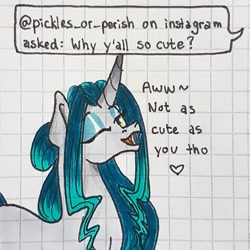 Size: 1080x1080 | Tagged: safe, artist:galaxy.in.mind, imported from derpibooru, oc, oc only, oc:crystal dawn, changepony, pony, unicorn, ask, bust, female, graph paper, heart, horn, magical lesbian spawn, makeup, mare, offspring, one eye closed, open mouth, parent:princess celestia, parent:queen chrysalis, parents:chryslestia, solo, traditional art, unicorn oc, wink