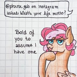 Size: 1080x1080 | Tagged: safe, artist:galaxy.in.mind, imported from derpibooru, oc, oc only, oc:cora, pegasus, pony, ask, bust, female, graph paper, mare, open mouth, pegasus oc, smiling, solo, thinking, traditional art, wings
